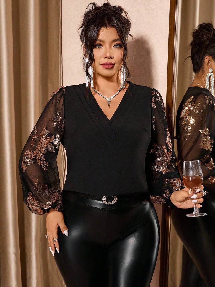Cravure Elegant Plus Size Black V Neck Long Sleeve Top With Embroidery And Sequin Details Woven Fabric - Black - View 1