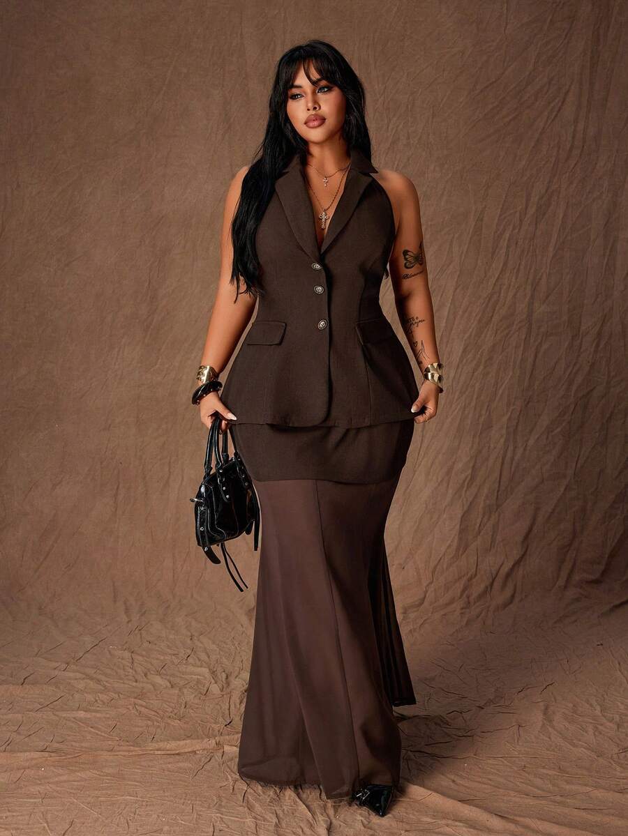 Rustia Plus Size Women Backless Halter Top & Chiffon Mermaid Hem Skirt 2 Pieces Set - Coffee Brown - View 1