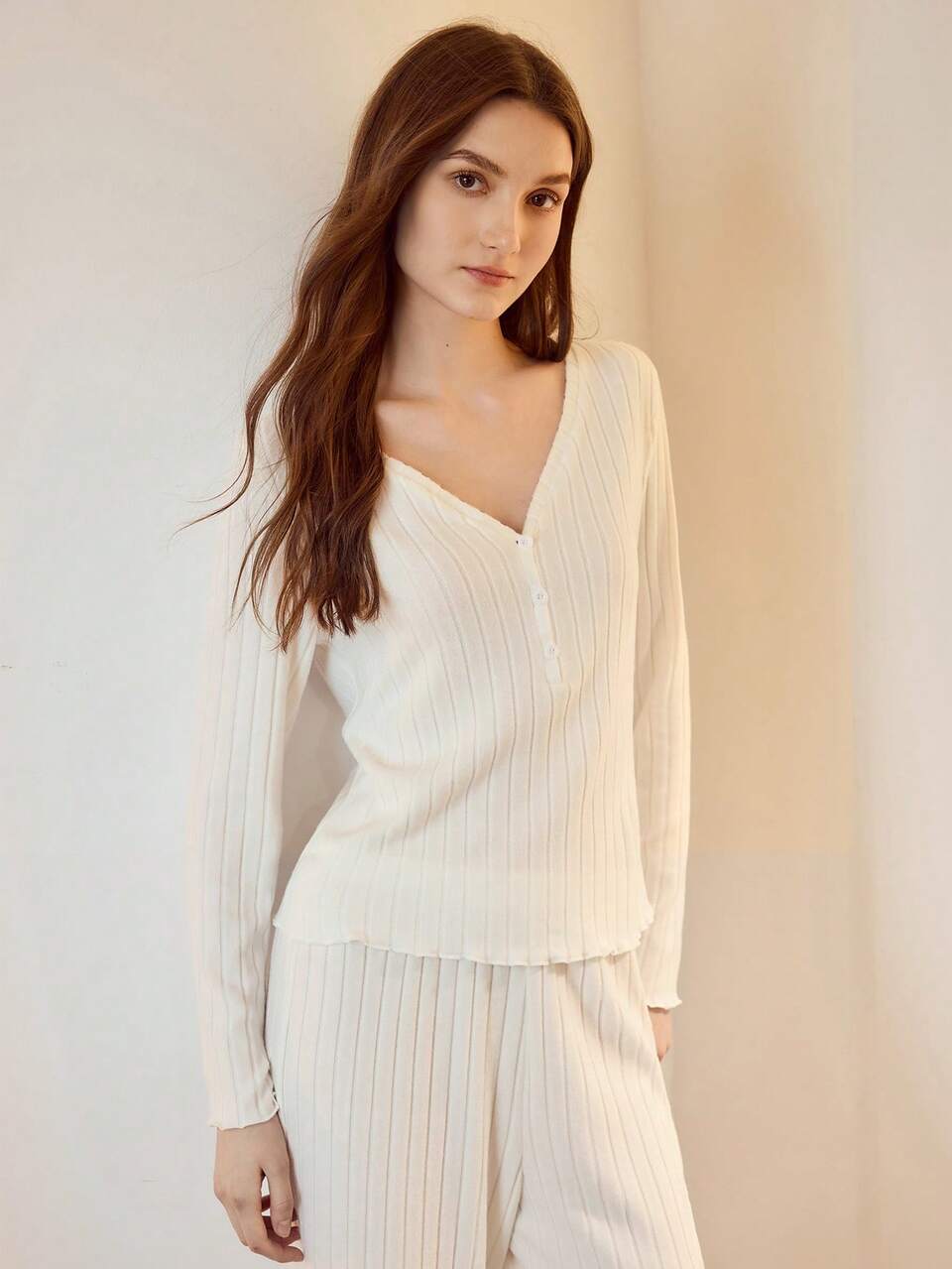 MOTF RIB-KNIT LETTUCE TRIM TOP & PANTS PAJAMA SET