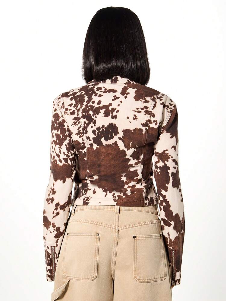 SUMWON WOMEN Cropped Cow Print Zip Jacket
