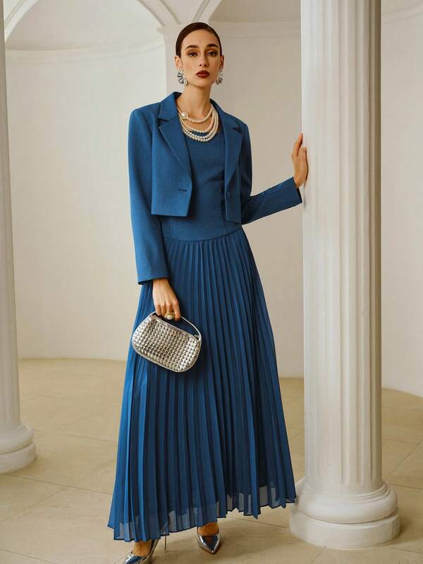 ZEYLAH Blazer de lana con cuello con muesca, mangas raglán y corte cropped, de unicolor clásico, para otoño/invierno