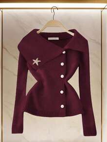 Franclia Elegant Metallic Starfish Button Cardigan With Oversized Collar, Waist Cinching Design, Flattering Fit - Inspired By European Fashion Blogger Styles - Burgundy - View 5