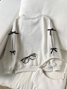 SHEIN Tween女孩寬鬆休閒簡約舒適圓領長袖秋冬衛衣，附蝴蝶結裝飾 - 淺灰色 - 查看 2