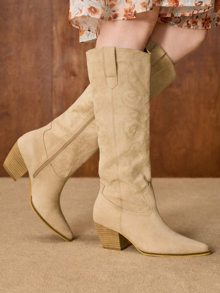 WOMEN'S VINTAGE V-CUT EMBROIDERED CHUNKY HEEL LONG BOOTS, WINTER NEW ARRIVAL
