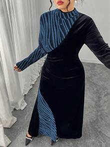 Modelyn 大码女式立领长袖丝绒拼接优雅派对连衣裙，秋冬款 - 彩色 - 查看 6