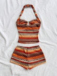 Soleia 女士波浪条纹吊带背心和短裤休闲两件套 - 彩色 - 查看 2