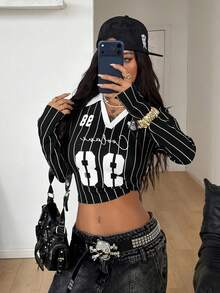 Coolane 女士秋季音乐会锐舞节外出街头服饰 Y2K 复古图案酒红色翻领长袖T恤 - 黑色 - 查看 4