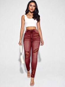 SHEIN Essnce Quần Jeans Denim Ôm Vừa Vặn, Giặt Thường Ngày - Màu Đỏ Sâu - Xem 6