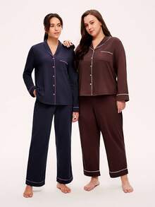 LUVLETTE Autumn And Winter Plus Size Soft Cotton Basic Button-Up Top & Pants Loungewear Pajama Set Fall Pajamas