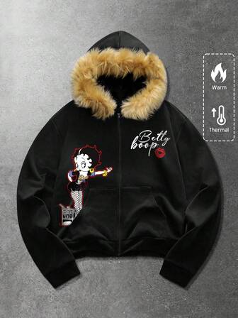Betty Boop | ROMWE Sudadera con capucha para hombre con diseño americano de calle, cuello de peluche, gráfico de texto en inglés con niña linda de dibujos animados y ribete suave de contraste