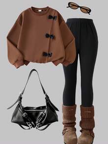 Genkimix Kids 两件套女童韩版活力棕色卫衣（带蝴蝶结）+修身长裤，春秋季休闲长袖套装 - 棕色 - 查看 1