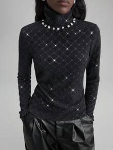 Ontre 2025 Autumn/Winter New Versatile Romantic Knit Top, Suitable For Wedding Guests, Hosts, Outings, Parties, Concerts, Brunch, Airport, Halloween, Christmas, National Day, New Year Occasions. Elegant Rhinestone Knit Fabric, Loose Fit, Women's Knit Top, Business Casual, Commute, Daily Wear, Autumn/Winter For 5-15°C Lace - Black - View 1