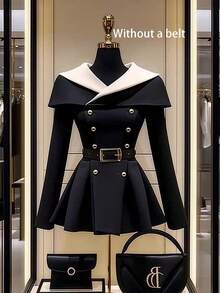 Pariaura Women's Elegant Black And White Color-Blocked Long-Sleeved Coat,Fitted Waist Double-Breasted Metal Buttons Ruffled Hem Office Autumn Jacket,Commuting - Black - View 3