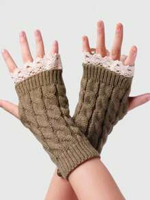 ROMWE Goth 1pair Women Solid Full Finger Gloves - Khaki - View 5