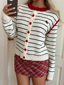 CovetEZ Cárdigan casual de punto para mujer con patrón de caballero y bloques de color a rayas, adecuado para otoño/invierno - Blanco y Negro - Ver 4