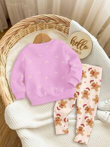 Süßer cremefarbener Lebkuchenmännchen- und Schleifen-Muster, Baby Mädchen Lässig Minimalist bequemer dicker weicher Rundhals Langarm Sweatshirt, geeignet für Herbst Alltag, Weihnachtsparty, Street-Style, Zuhause - Verschiedenfarbig - Übersicht 2