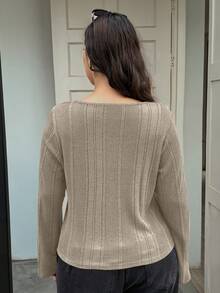Dazy Plus 纹理面料休闲V领系带修身大码女式长袖T恤 - 杏色 - 查看 2