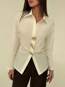 Aloruh Fashionable Metal Decor White Waist Cinched Office Shirt - White - View 5