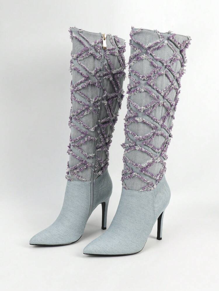 Women's Fashionable Denim High Boots With Lace