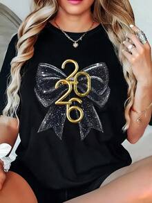 EMERY ROSE 加大码女式 2026 闪光黑色蝴蝶结圆领 T 恤，2026 新年 T 恤，新年快乐，派对。 - 黑色 - 查看 1