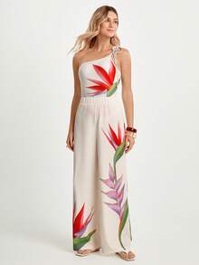 CAJUNI x Carol Peixinho 女士夏季度假印花奶油色度假风连体泳衣，优雅女士沙滩泳衣 - 杏色 - 查看 8