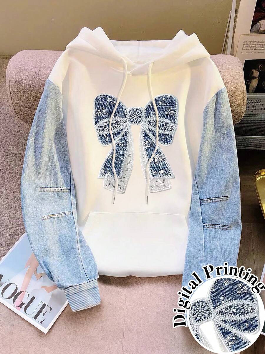 SHEIN 热销款式,甜美少女风仿亮片蝴蝶结仿牛仔拼接女式连帽卫衣,日常购物、约会、上学皆宜,时尚保暖,秋冬必备单品 - 彩色 - 查看 1