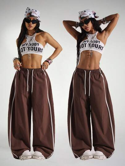 StreetHx 女士休闲抽绳腰宽松筒裤