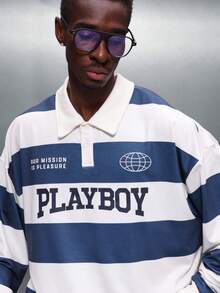 PLAYBOY X SUMWON Crop Fit Men Long Sleeve Striped Rugby Polo Shirt With Logo Print Casual Collar Button Placket Top - Blue and White - View 5