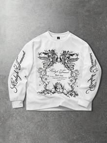 ROMWE MEN Street Life Camiseta casual de manga larga de cuello redondo y corte holgado con estampado de lema de ángel para hombres - Blanco - Ver 3