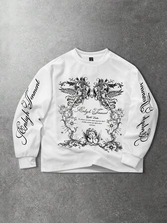 Maglietta casual da uomo a maniche lunghe, girocollo, vestibilità ampia, con stampa slogan angelica