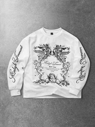 Camiseta casual de manga larga de cuello redondo y corte holgado con estampado de lema de ángel para hombres