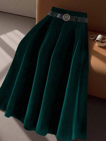 Regalyn Falda esbelta de terciopelo de unicolor y elegante con cinturón, versátil para mujer de talla grande