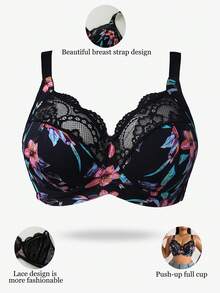 SHEIN 1pc Plus Size Lace Patchwork Wireless Bra - Multicolor - View 3
