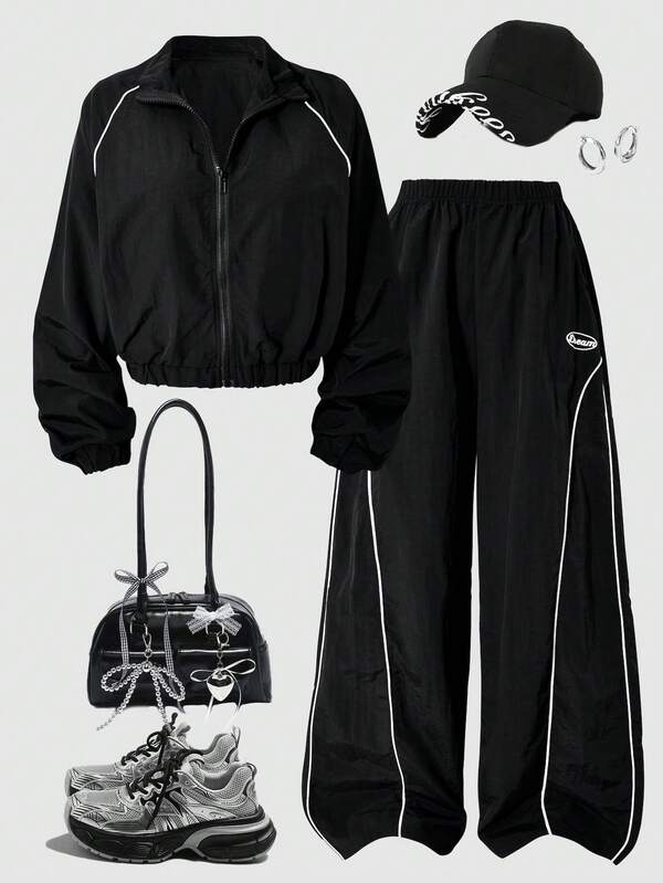 SHEIN Sparklyn 2 pièces Set : Veste zippée décontractée à col montant mode, noire avec bordure blanche, et pantalon ample assorti avec rayure blanche et accent de lettre, convient pour le printemps, l'automne, l'hiver, les sorties, le streetwear, les tenues décontractées quotidiennes, la maison, les voyages, l'école