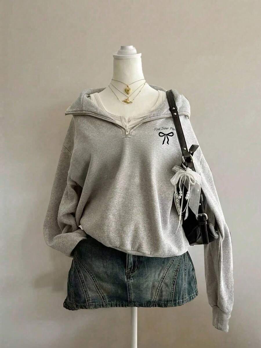 SHEIN 少女复古保罗图案刺绣拉链卫衣，休闲宽松版型，复古可爱蝴蝶结字母印花，适合秋冬季穿着 - 灰色 - 查看 1