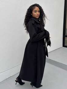 Alexandranx New Windproof Coffee Long Cinched Waist Double-Breasted Decorative Lapel Trench Coat, Casual Style In Fall/Winter - Black - View 6