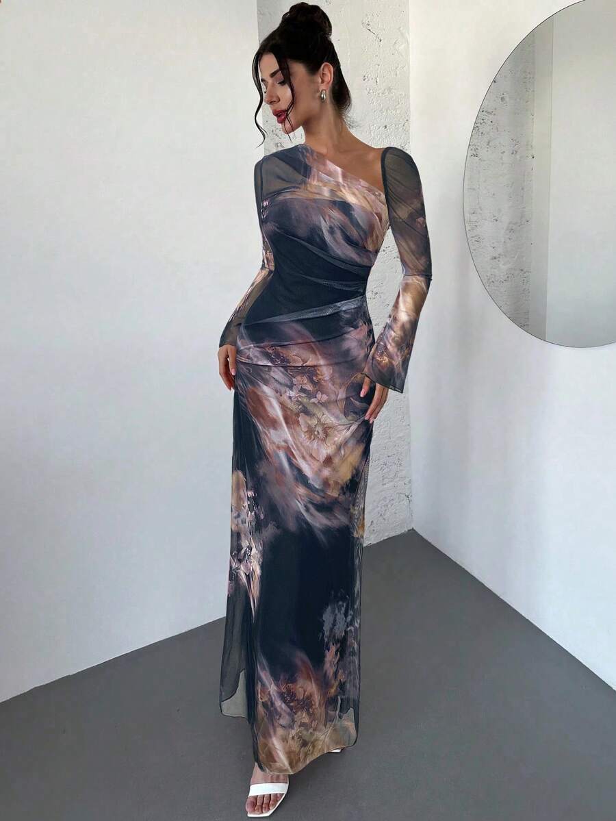Firerie Women's Tie Dye Floral Asymmetric Shoulder Mesh Long Sleeve Pleated Maxi Dress, Multi-Color Floral Pattern Dress, Holiday Dress, New Tie-Dye Floral Mesh Print Flare Sleeve Fitted Vacation Dress, Suitable For Spring, Summer, Autumn, Winter, Elegant, Commute, Date, Party, Wedding Season, Graduation, Prom, Performance, Work, Back To School, Annual Party, Women's Birthday, Holiday - Multicolor - View 1