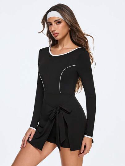 Eassivo Eassivo Women's Black Long Sleeve Sports Dress With Tie Waist, Contrast Piping, Stretchy Athletic Dress, Slim Fit Activewear For Sports & Daily Outfits