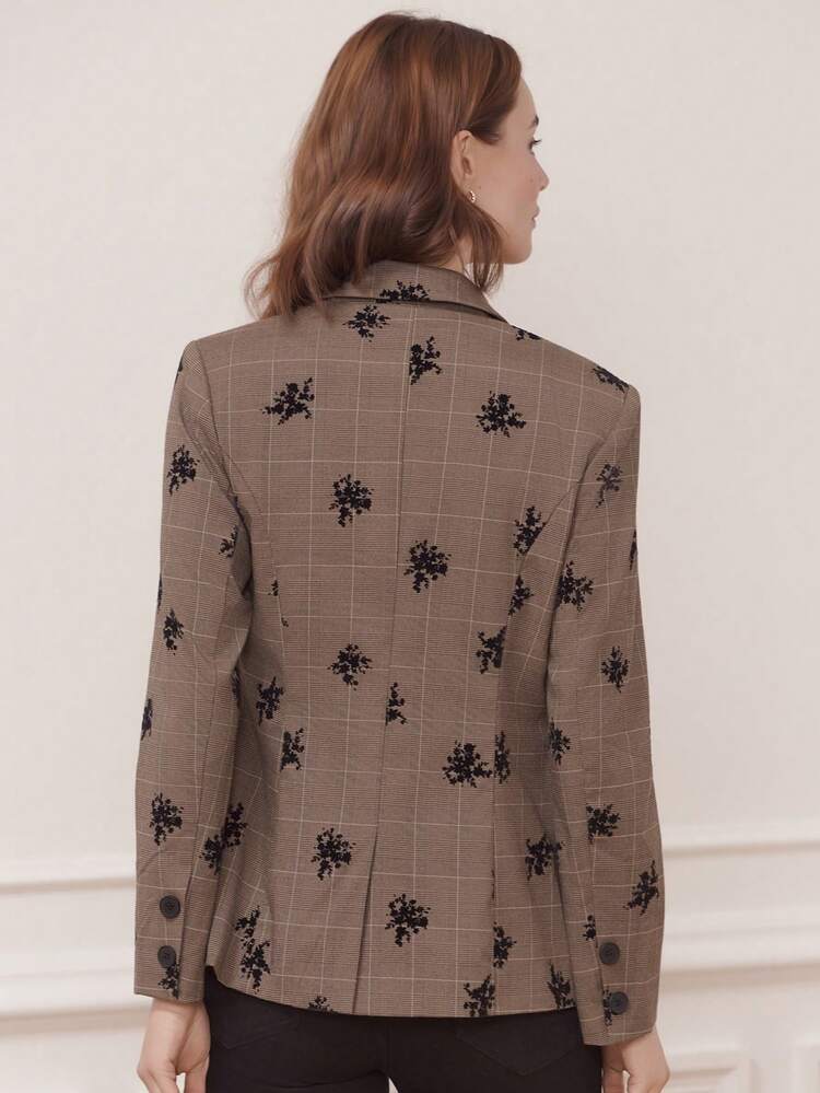 Brown Checked Tailored Blazer With Black Floral Patterns Chic Spring Summer Brown Jacket Business Casual Outfits