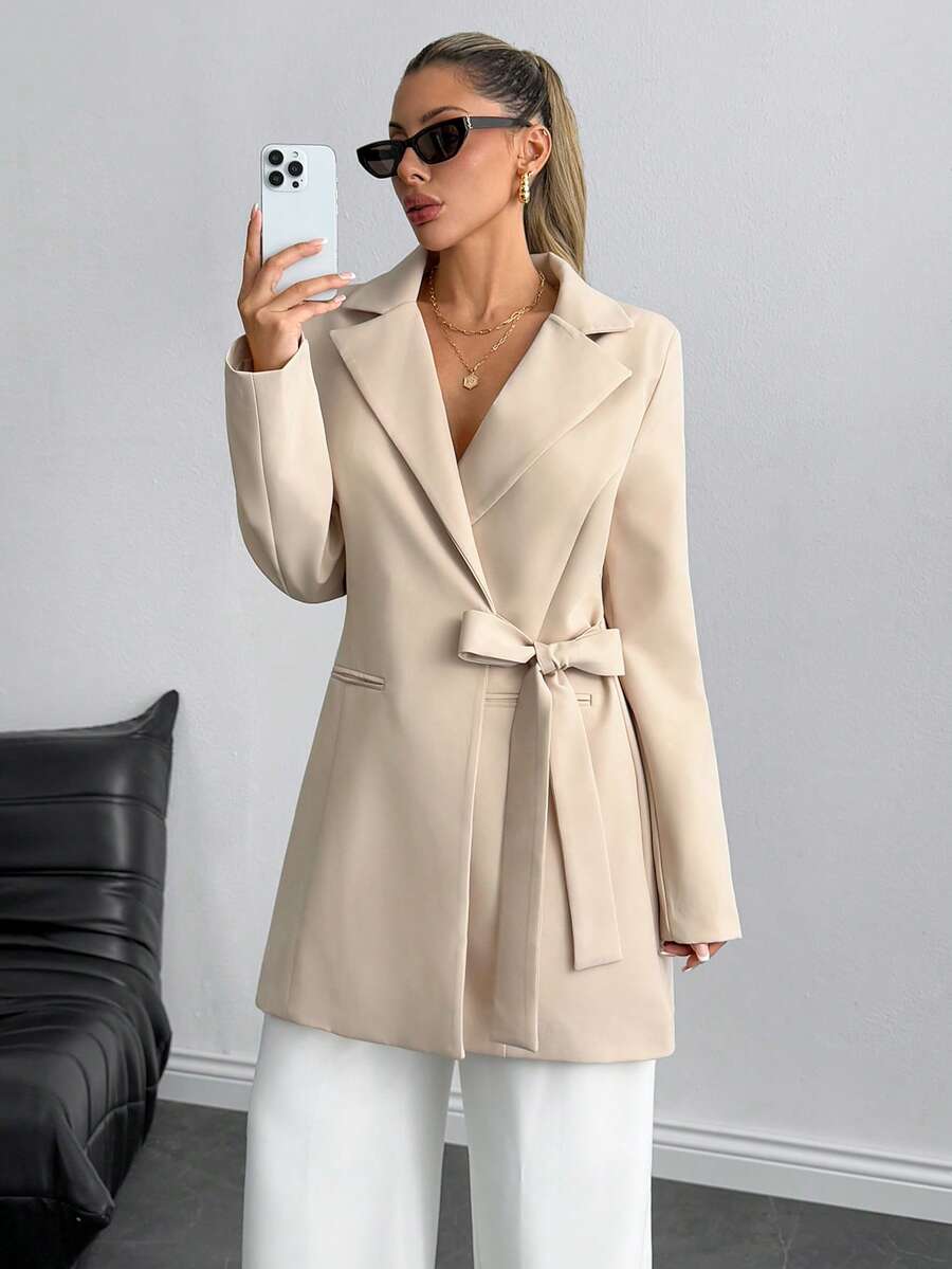 EURMUSE Elegant Commuter Office Solid Color Tie-Wrap Blazer Beige Summer - Beige - View 1