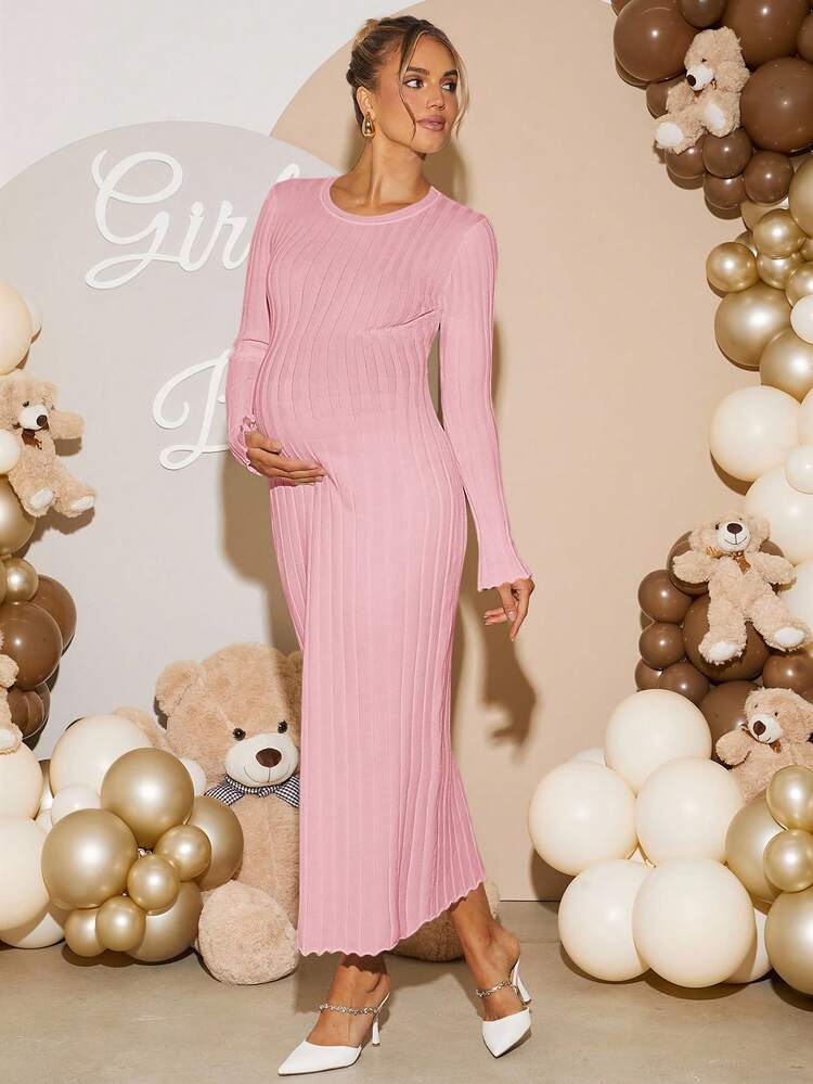 pink maternity sweater dress Popoship Maternity Sweater Dress for Pregnant Women Turtleneck Puff Sleeve Knit Slim Fit Bodycon Mini Dress, Women's, Size: Medium