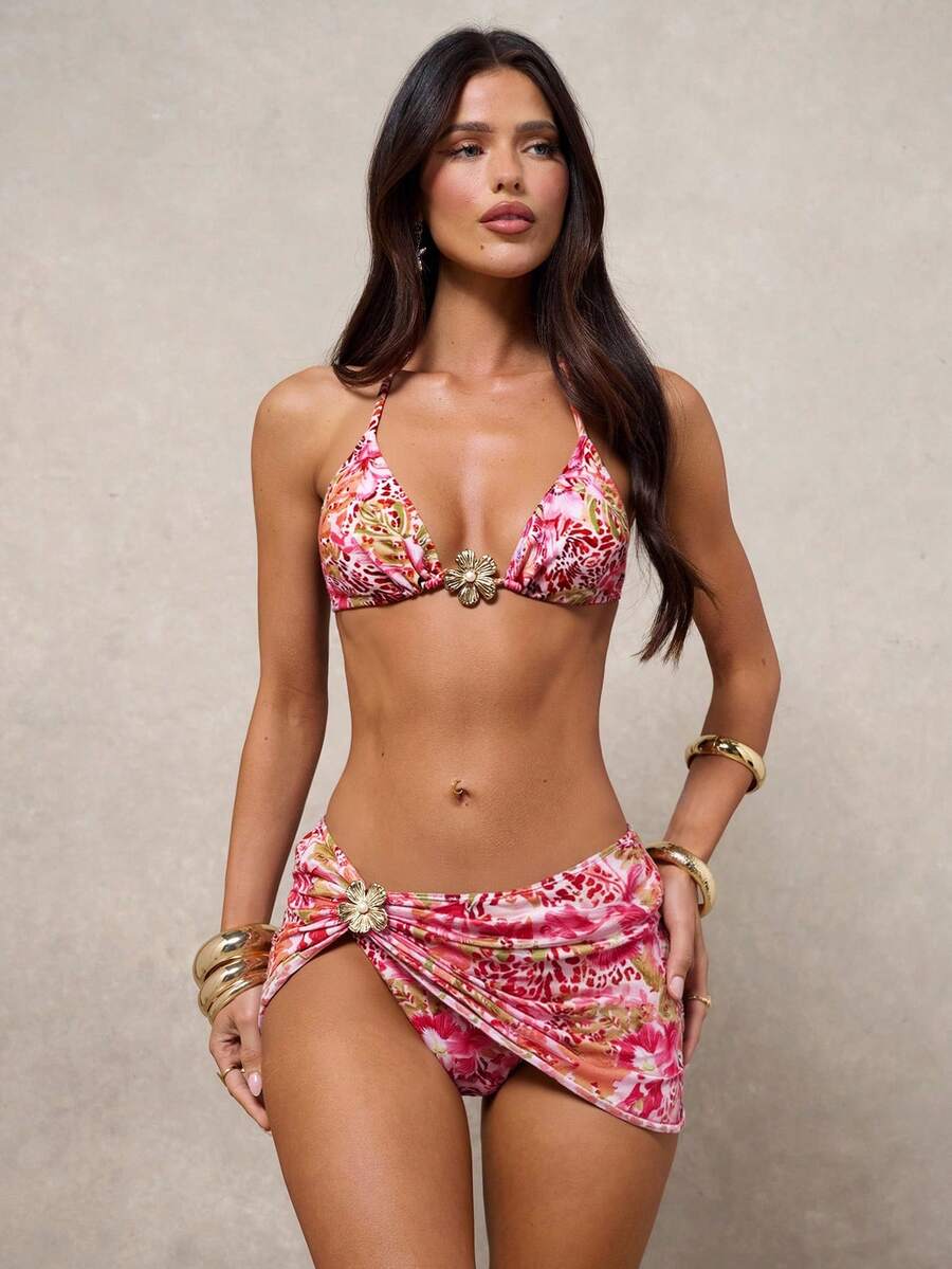 Women's Summer Beach Leopard Print Halter Tie Sexy Bikini Swimsuit Set With Cover-Up And Skirt - Multicolor - View 1