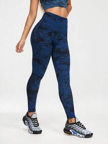 Eassivo Eassivo Women's Blue Tie Dye Woven Pattern Seamless Leggings,High Waist Workout Yoga Pants, Stretch Compression Fitness Activewear, Tummy Control Gym Tights - Navy Blue - View 6