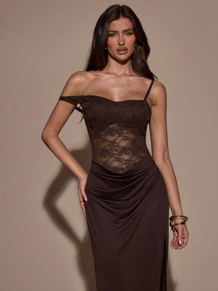 SHEIN BAE Đầm ren tương phản cổ bất đối xứng ôm sát thanh lịch dành cho nữ - màu nâu - Xem 6