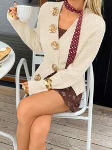 DAZY كارديجان أزرار بياقة على شكل وردة للنساء، موضة خريفية Y2K - أبيض - مشاهدة 4