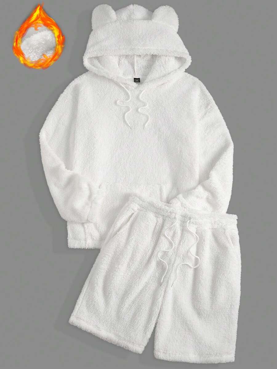 Manfinity Hypemode Men's Solid Color 3D Ear Design Drawstring Hoodie And Shorts Fleece Set, Autumn/Winter - White - View 1