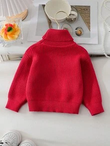 SHEIN Vintaside Kids 女婴纯色长袖休闲高领毛衣，适合亲子时光、派对、户外活动、万圣节和圣诞节等节日聚会，也适合与其他女婴毛衣搭配。这款纯色针织毛衣红色上衣，女婴高领毛衣，款式多样，时尚百搭。 - 紅色 - 查看 3