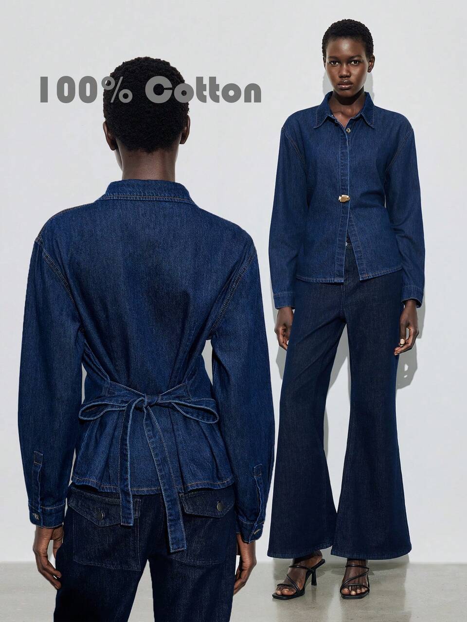 SHEIN Maija Women's Retro Dark Blue 100% Cotton Denim Top,Fitted Waist With Metal Buttons,Long Sleeve,Bow Tie,Elegant Old Money Style Casual Everyday Autumn Shirt