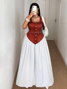 Maweii 大尺碼女款優雅丹寧效果印花拼色U領洋裝，百搭設計，適合婚禮賓客、派對、夜晚外出 - 彩色 - 查看 6