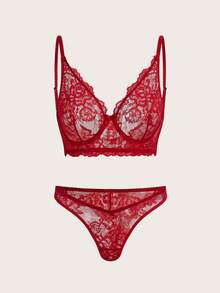 SHEIN Elegant, Charming, Sexy, Delicate Floral Lace Lingerie Set For Women - Burgundy - View 4